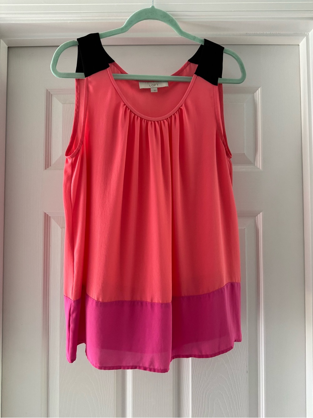LOFT Coral and Pink Colorblock Sleeveless Top with Black Shoulder Accents